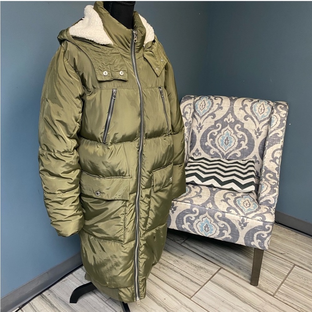 Free People Oslo Long Utility Puffer Jacket in Olive Green